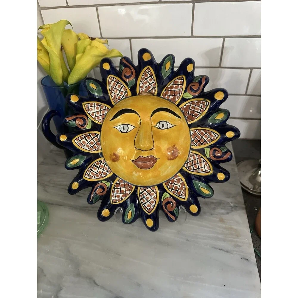 Talavera Style Sun Face Wall Art Hand Painted Ceramic Floral 12” Mexico Folk Art